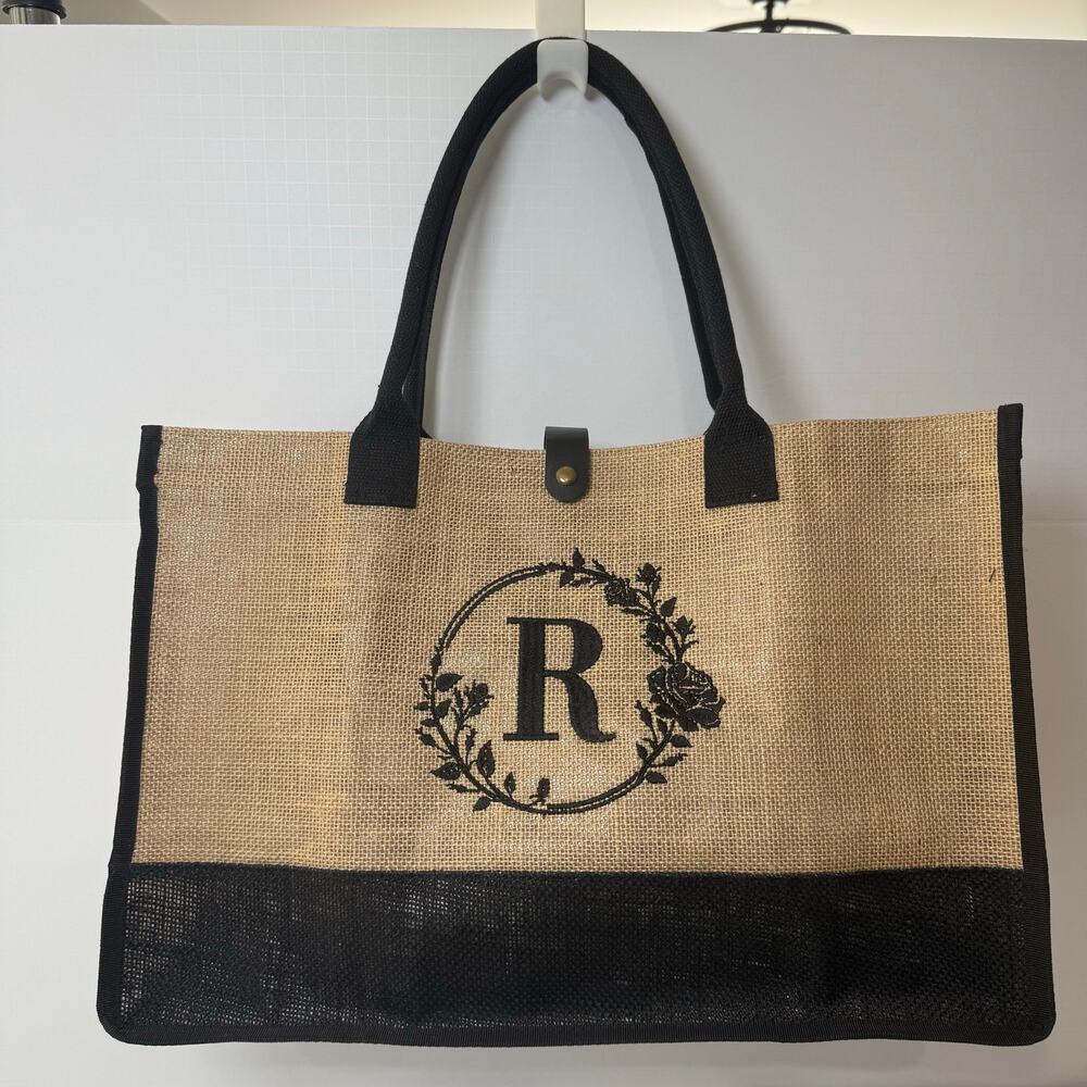 Monogram Jute Tote Letter R Eco-Friendly Market Bag NEW - Picture 5 of 5
